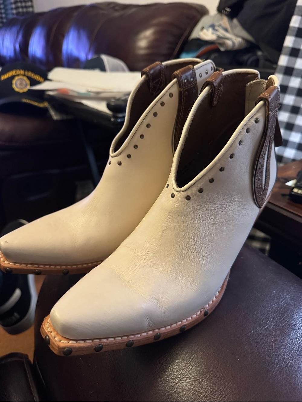 Cream Ariat Leather Western Ankle Booties with Stud Trim